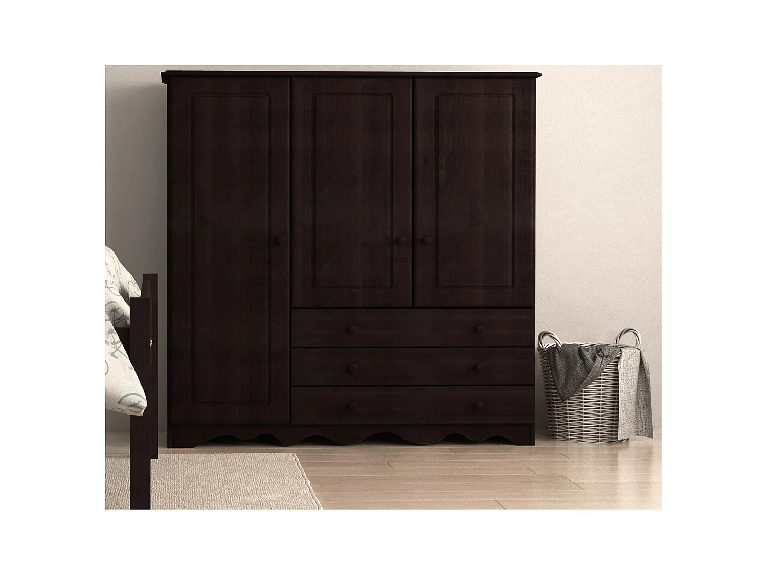 Minik|Armoire à 3 portes en 3 tiroirs en pin marron