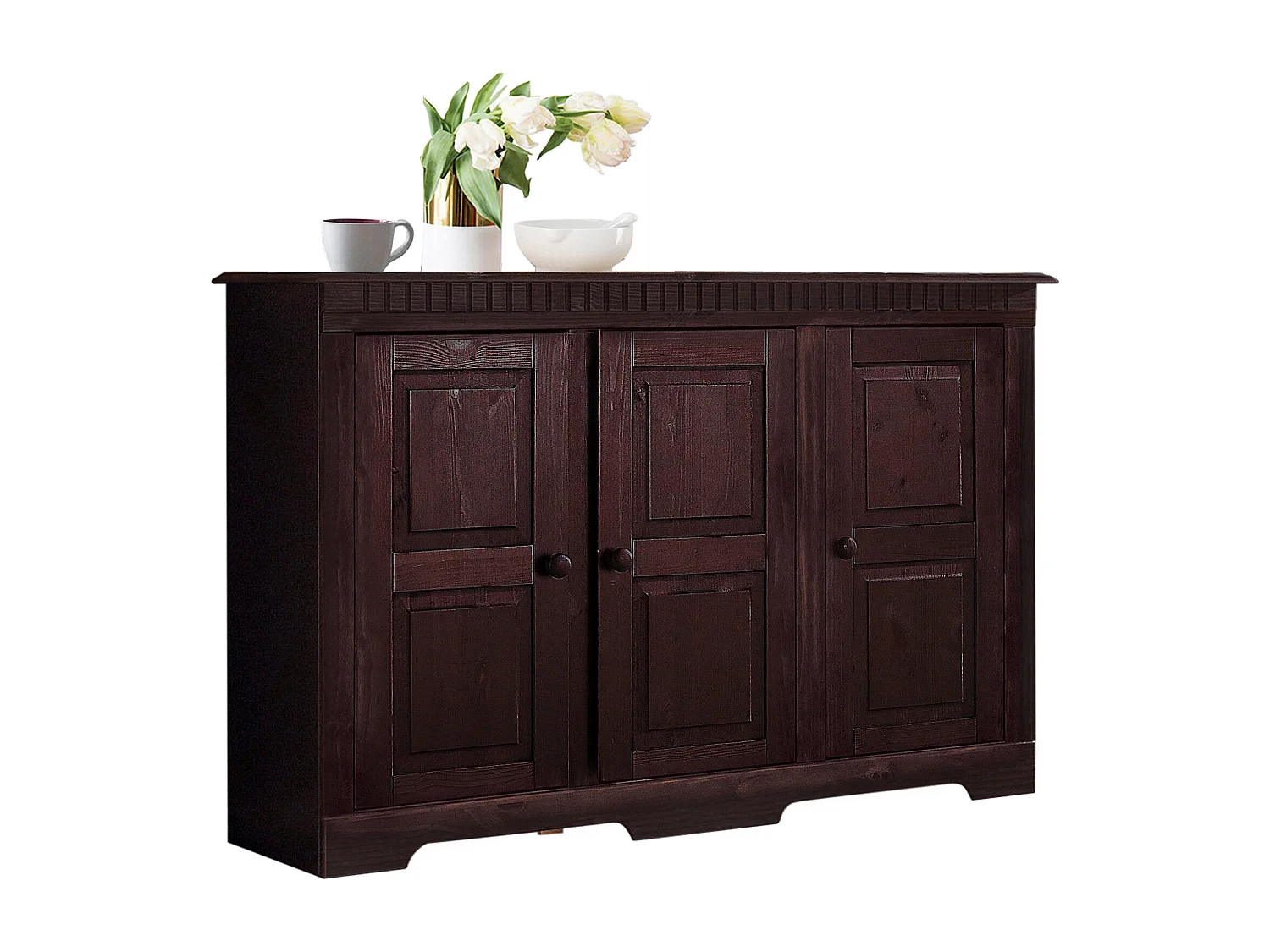 Lisa|Buffet avec 3 portes en pin laqué marron