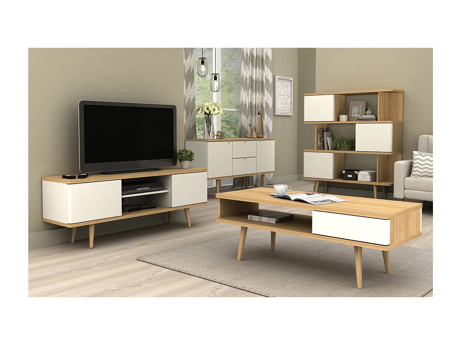 Alandra|Buffet bas 2 portes en effet chêne / crème