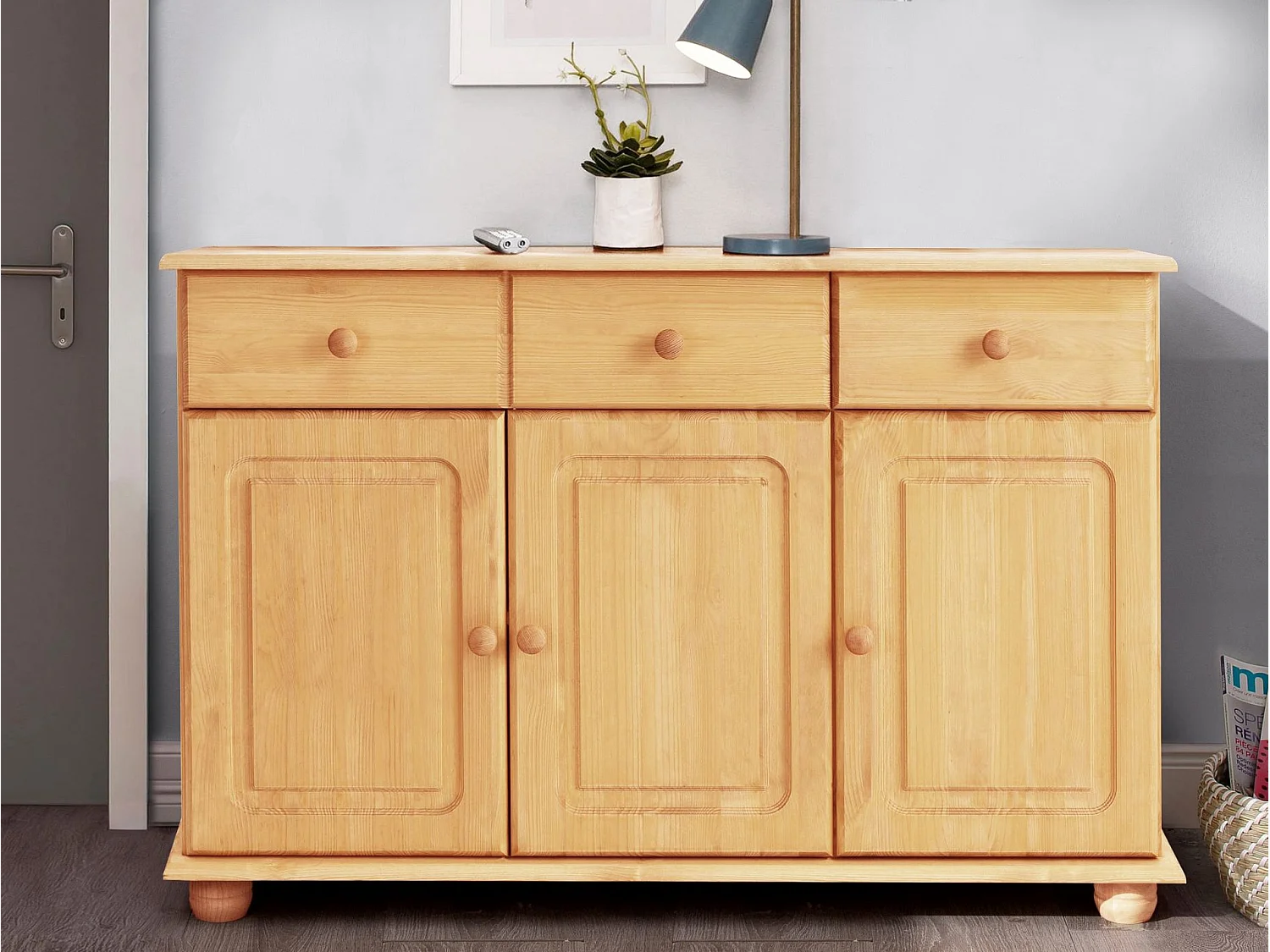 Mette|Buffet avec 3 portes et 2 tiroirs en pin naturel