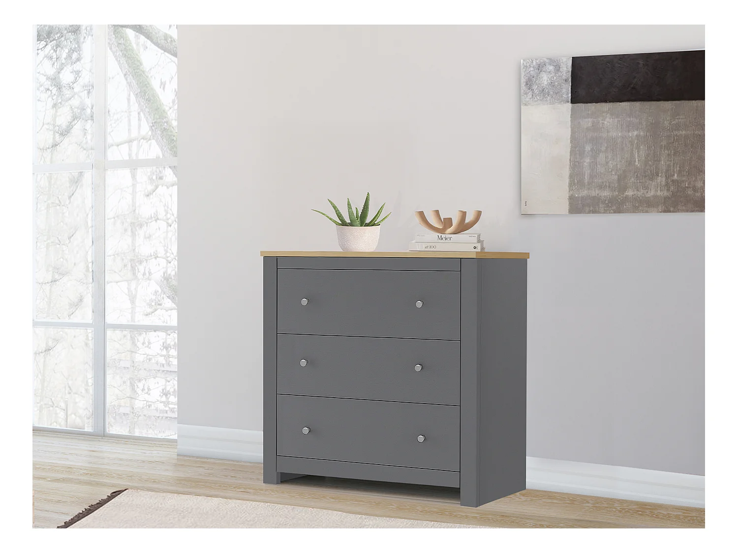 Commode 3 Laden Eiken Grijs