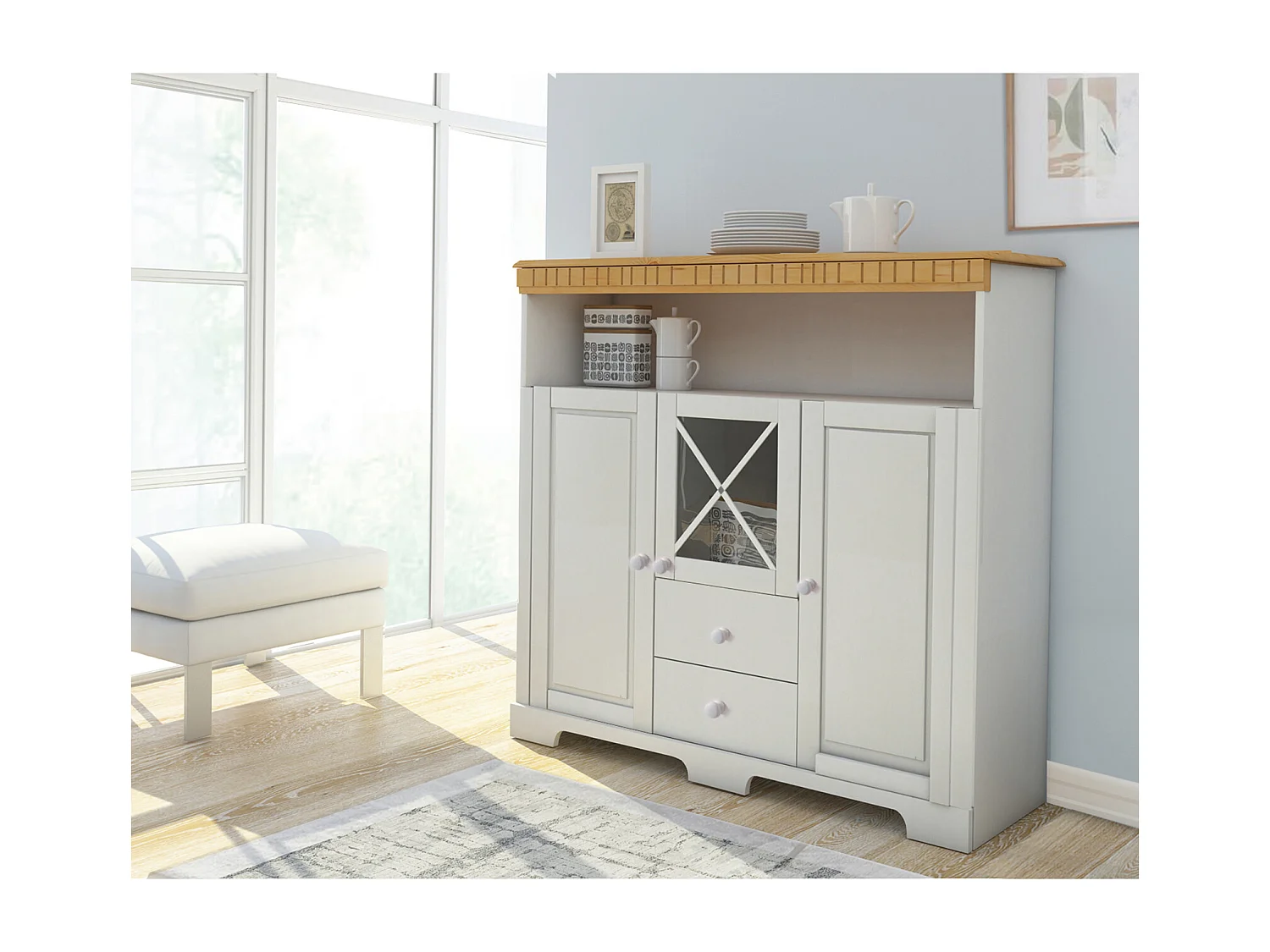 Lisa|Buffet avec 2 portes 3 tiroirs en pin teinté blanc