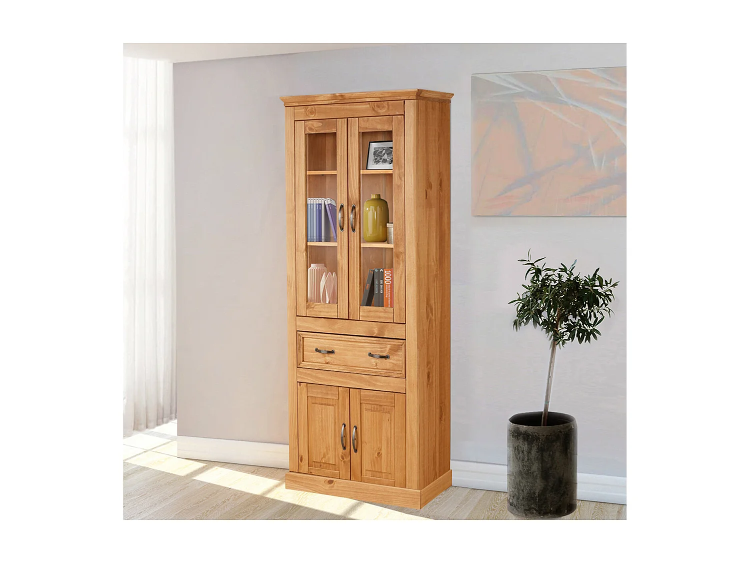 Selma|Vitrine avec 2 portes + 2 portes en pin nature