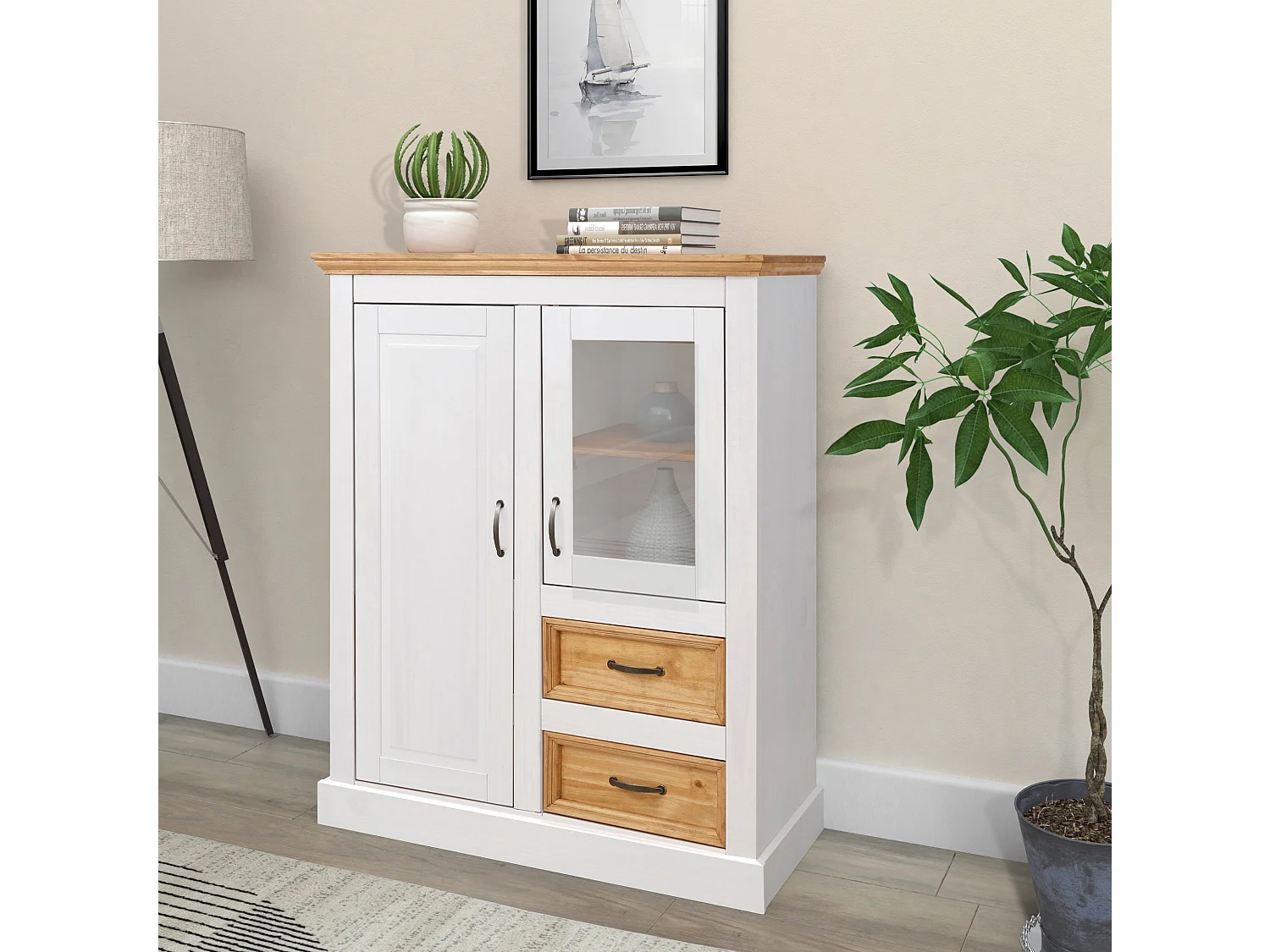 Selma|Buffet avec 2 portes 2 tiroirs en pin teinté blanc
