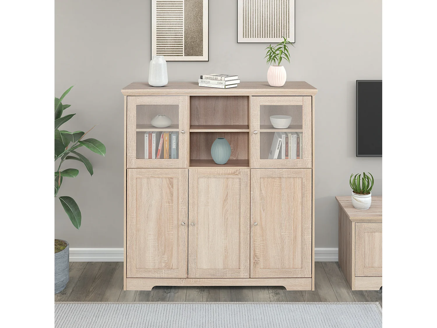 Nanna|Buffet haut avec 5 portes effet chêne