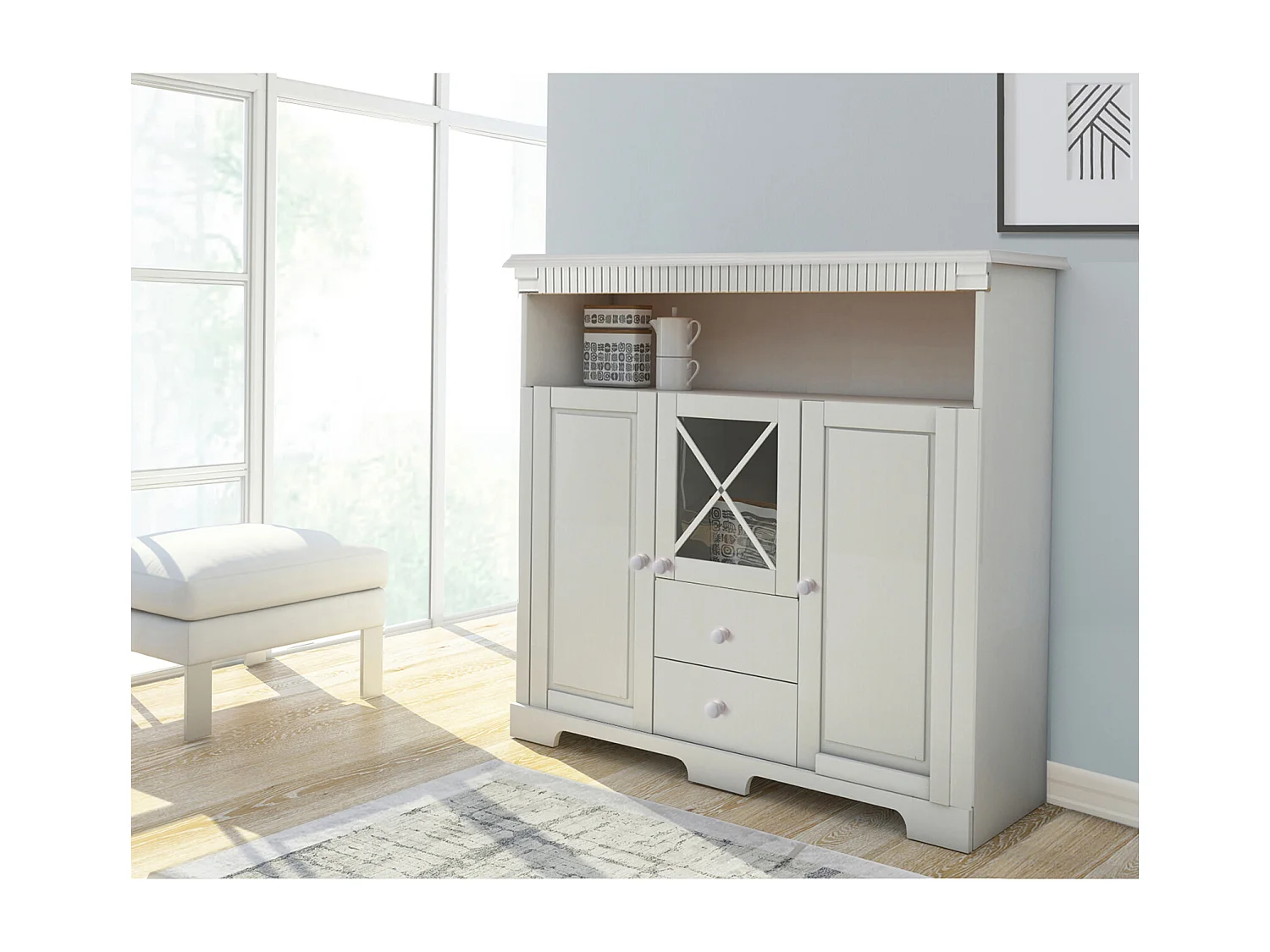 Lisa|Buffet avec 3 portes 2 tiroirs en pin teinté blanc