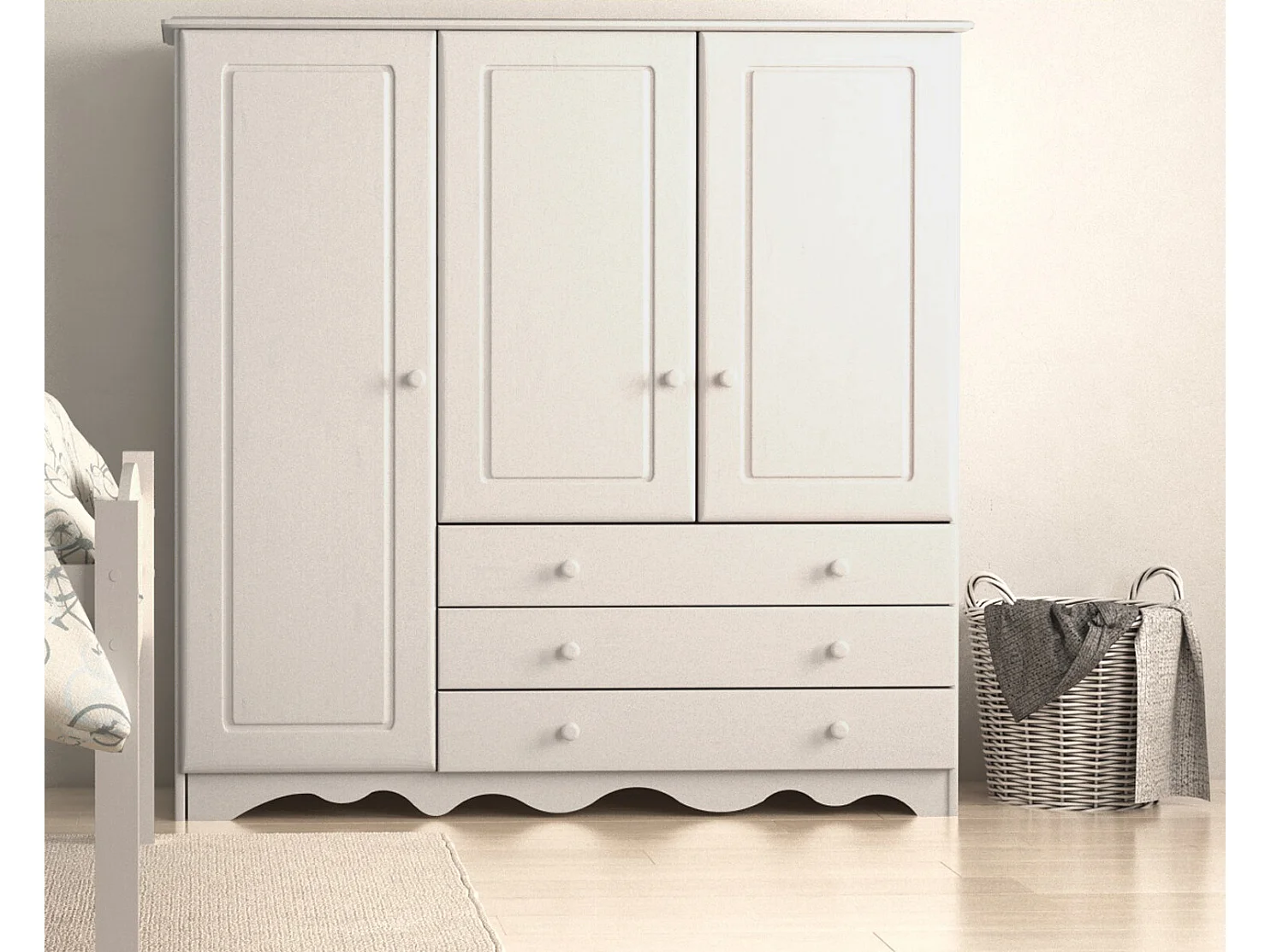 Minik|Armoire avec 3 portes et 3 tiroirs en pin blanc