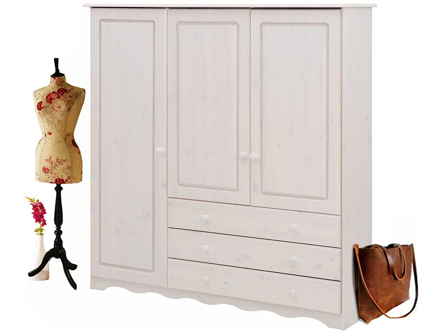 Minik|Armoire avec 3 portes et 3 tiroirs en pin blanc