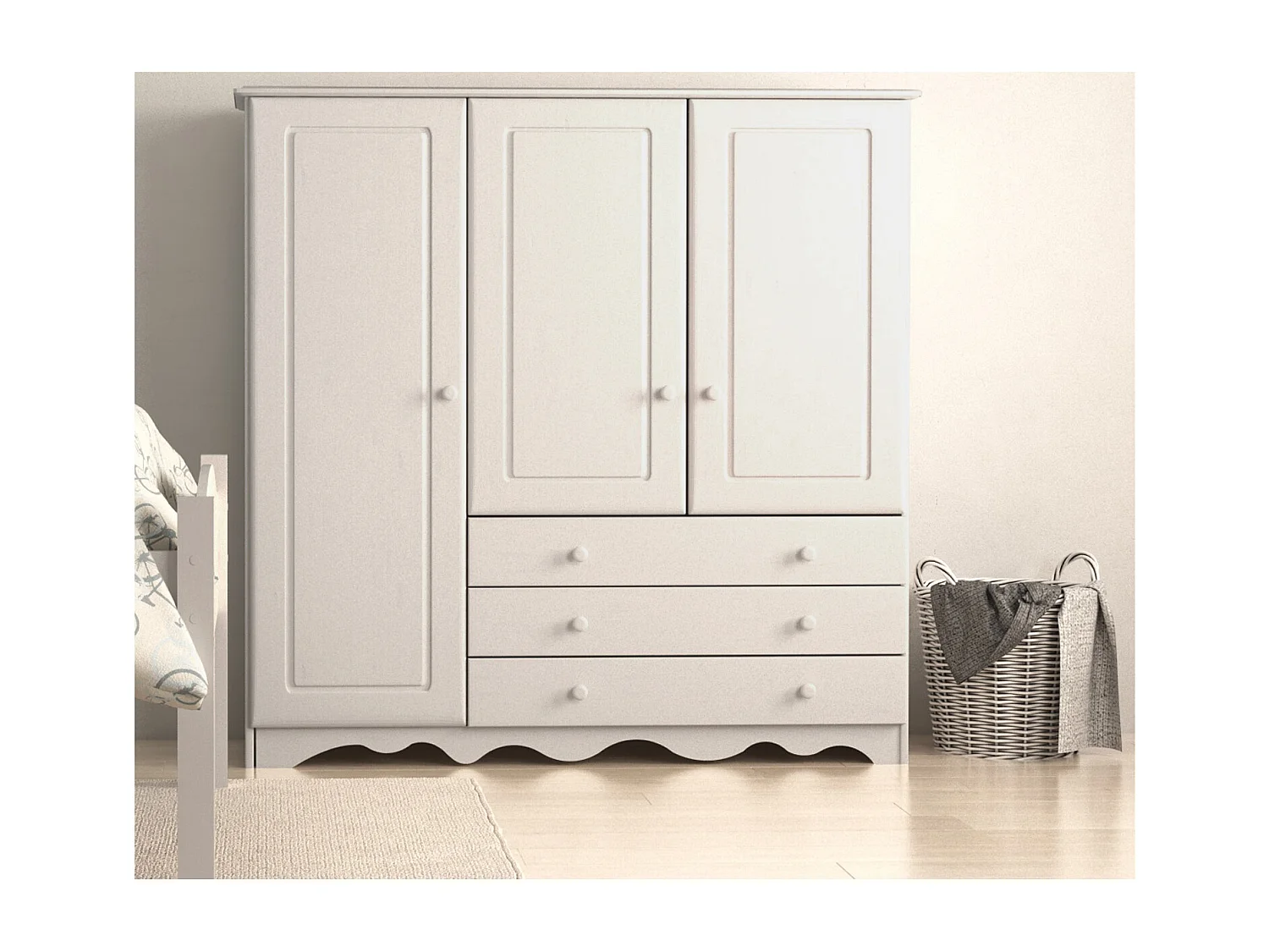 Minik|Armoire avec 3 portes et 3 tiroirs en pin blanc