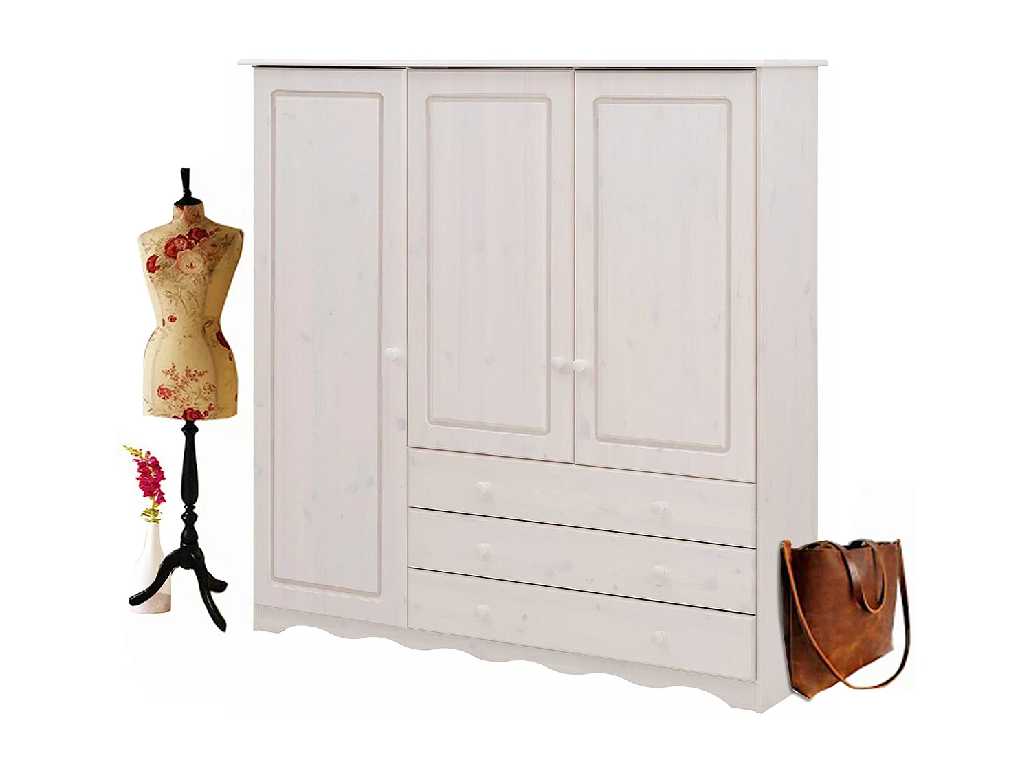 Minik|Armoire avec 3 portes et 3 tiroirs en pin blanc