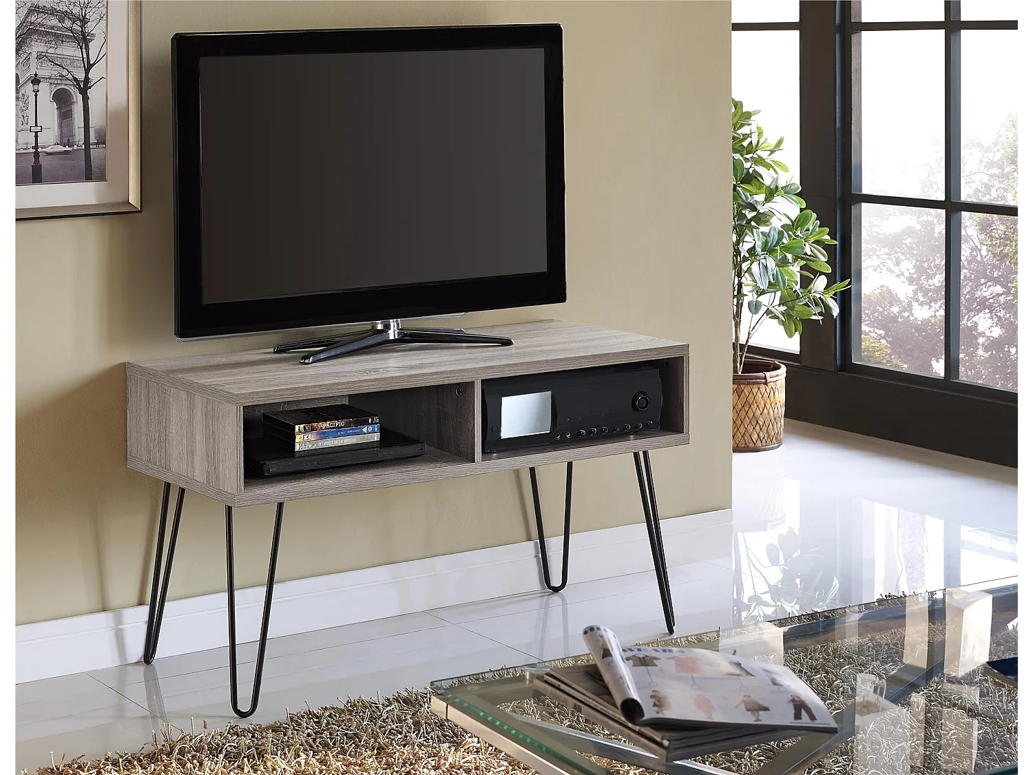 Owen | TV-meubel met 2 compartimenten in effet eiken grijs