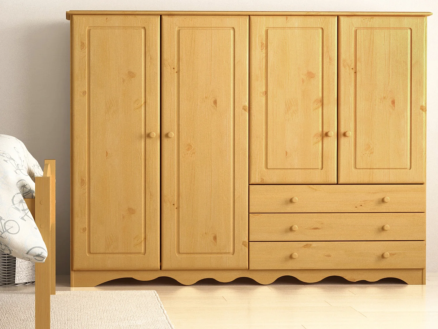 Minik|Armoire avec 4 portes et 3 tiroirs en pin naturel