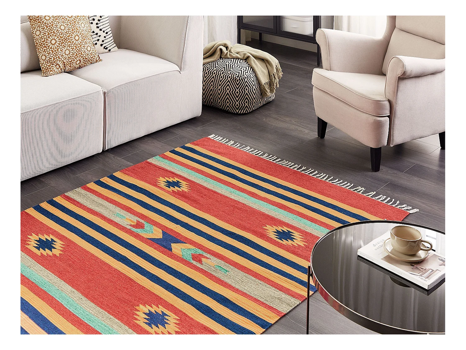 Alfombra kilim de algodón azul/rojo/naranja 140 x 200 cm HATIS