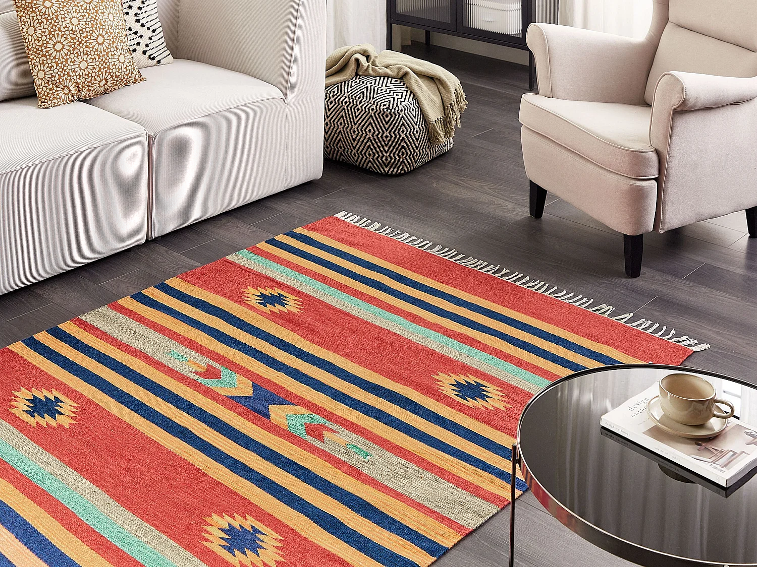 Kelim-Teppich Baumwolle bunt 140 x 200 cm handgewebt geometrisches Muster Hatis