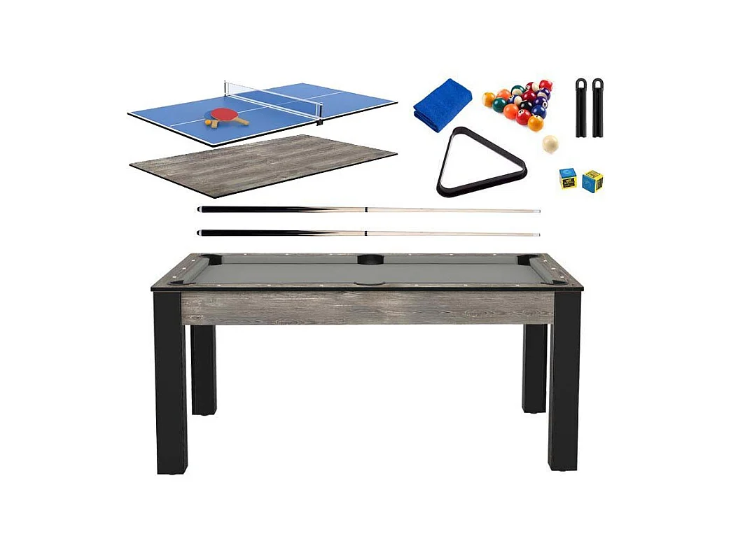 Billard convertible table 6 personnes Texas + plateau 2 en 1 dinatoire et Ping Pong + pack accessoires Confort
