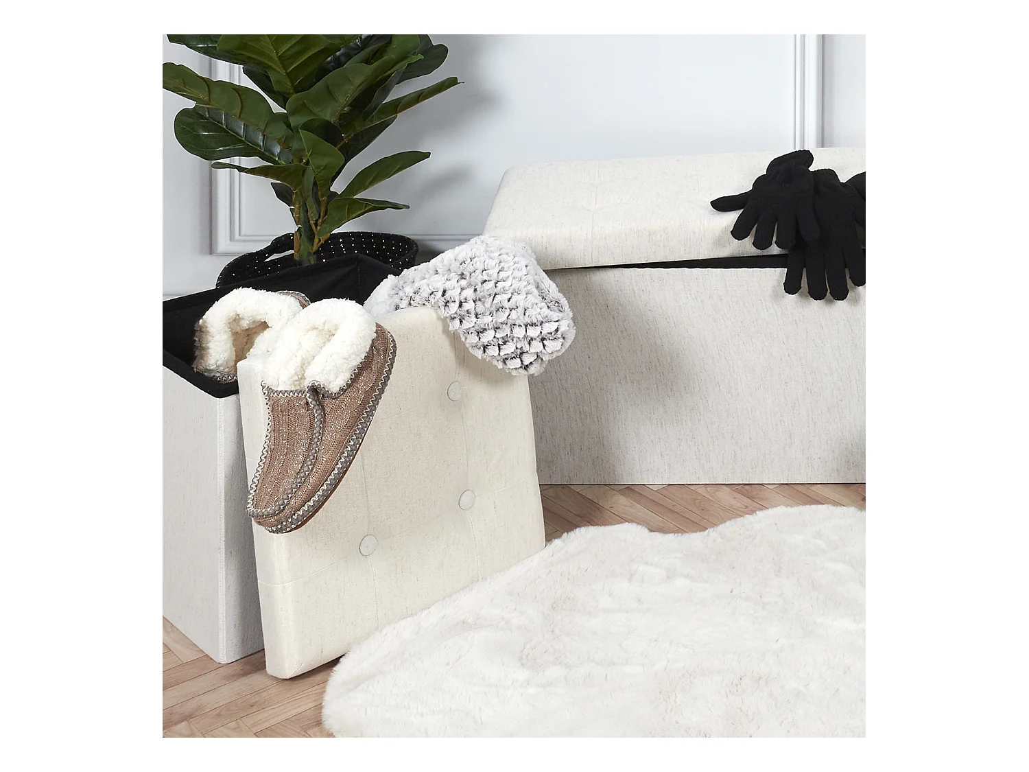 Coffre Pouf Pliable Tissu Beige