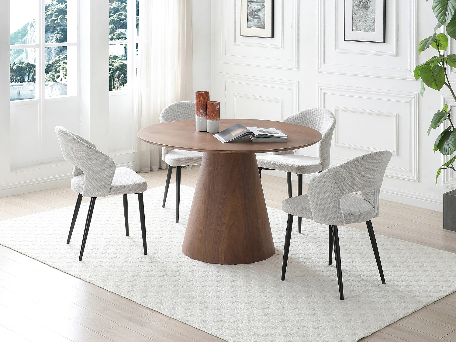 Table à manger ronde 4 personnes placage noyer - Naturel foncé - ANTALIZA