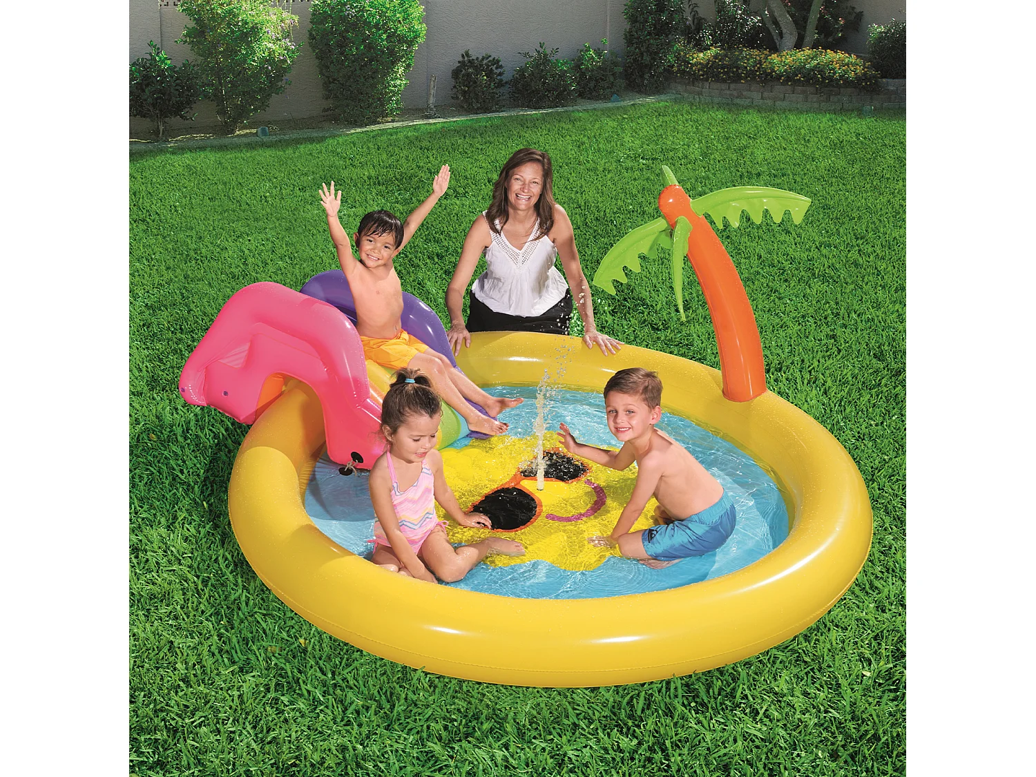 Piscina Hinchable Autoportante Infantil Bestway 262x157x46 cm Tobogán y Palmera Diseño Sunnyland Splash Play Edad Mayores de 2 Años
