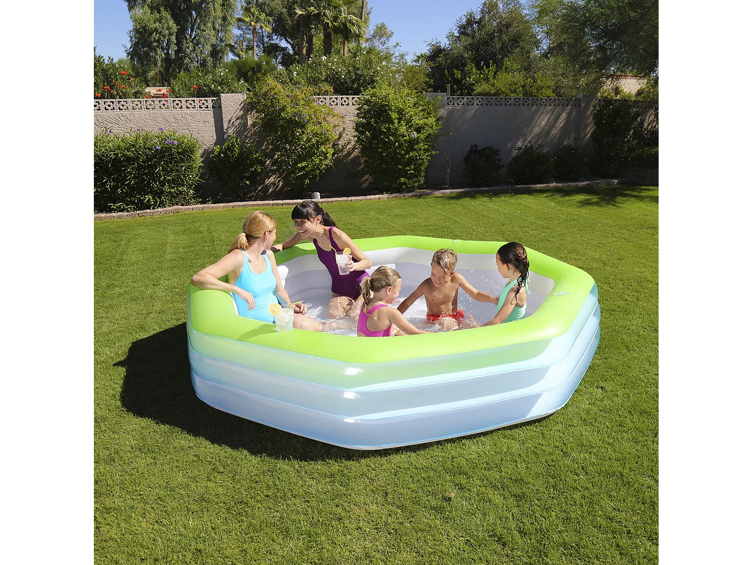 Piscina Hinchable Autoportante Infantil Bestway 250x250x51 cm 4 Posavasos Diseño Deluxe Octagon Family Rápida Instalación