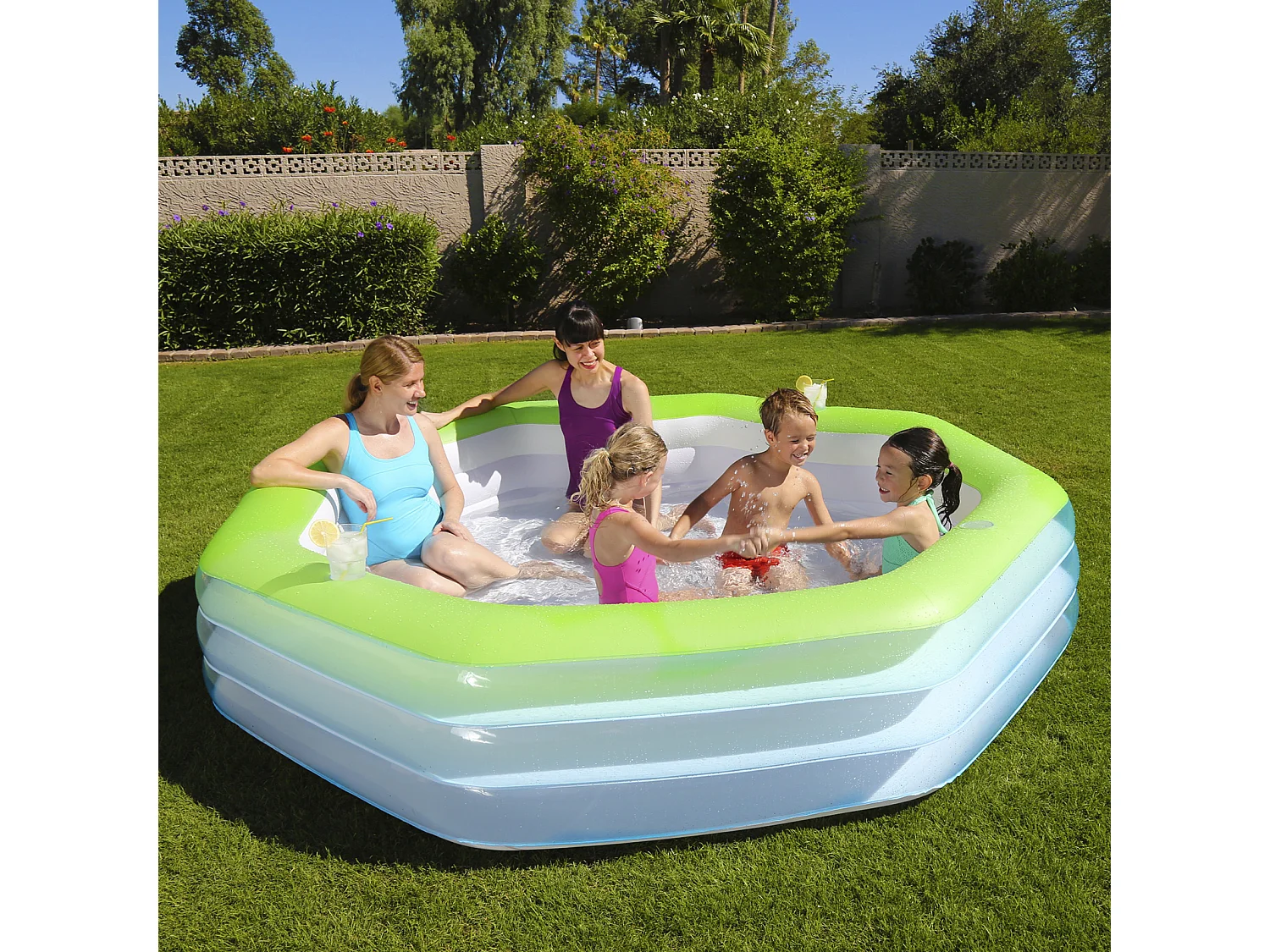 Piscina Hinchable Autoportante Infantil Bestway 250x250x51 cm 4 Posavasos Diseño Deluxe Octagon Family Rápida Instalación