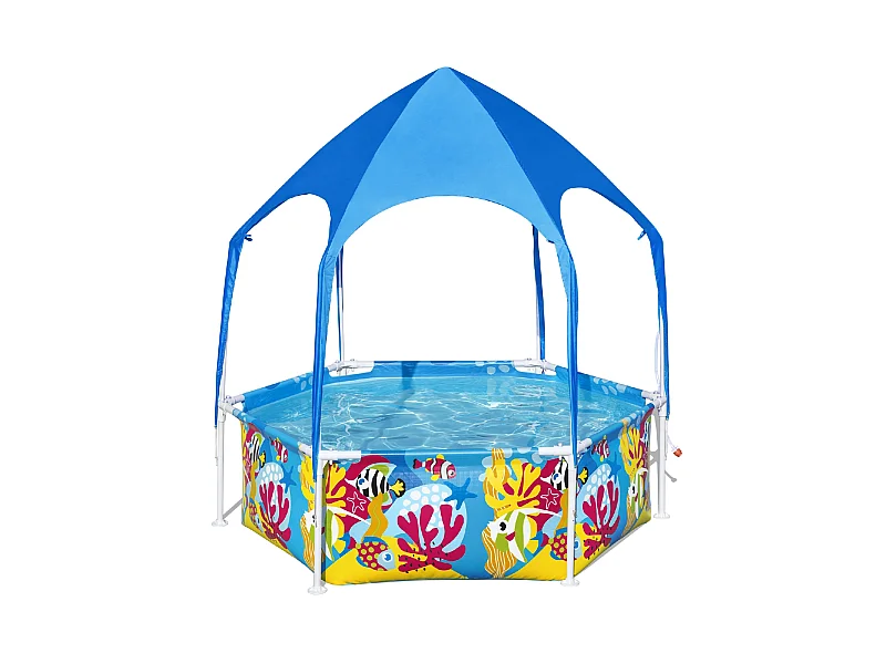 Piscine Démontable pour Enfants Bestway Splash in Shade 183x51 cm Auvent avec Protection Solaire FPU 40+ Bleu Design Fond Marin
