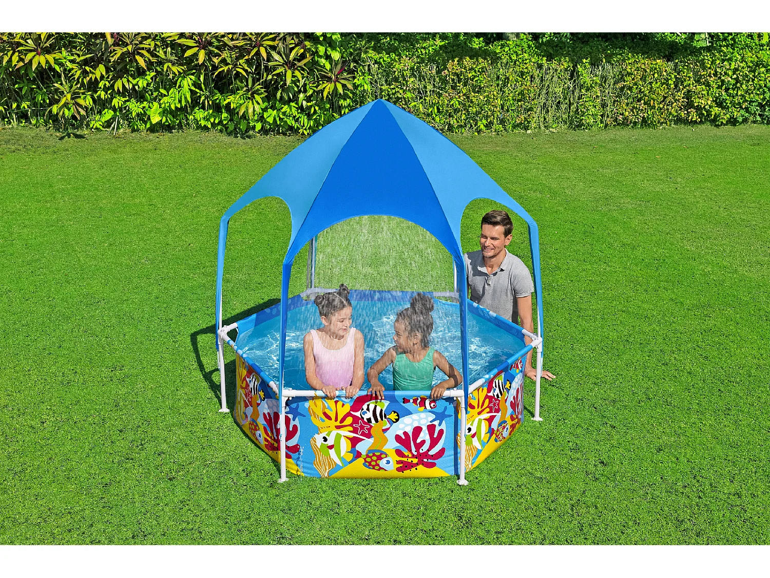Piscine Démontable pour Enfants Bestway Splash in Shade 183x51 cm Auvent avec Protection Solaire FPU 40+ Bleu Design Fond Marin