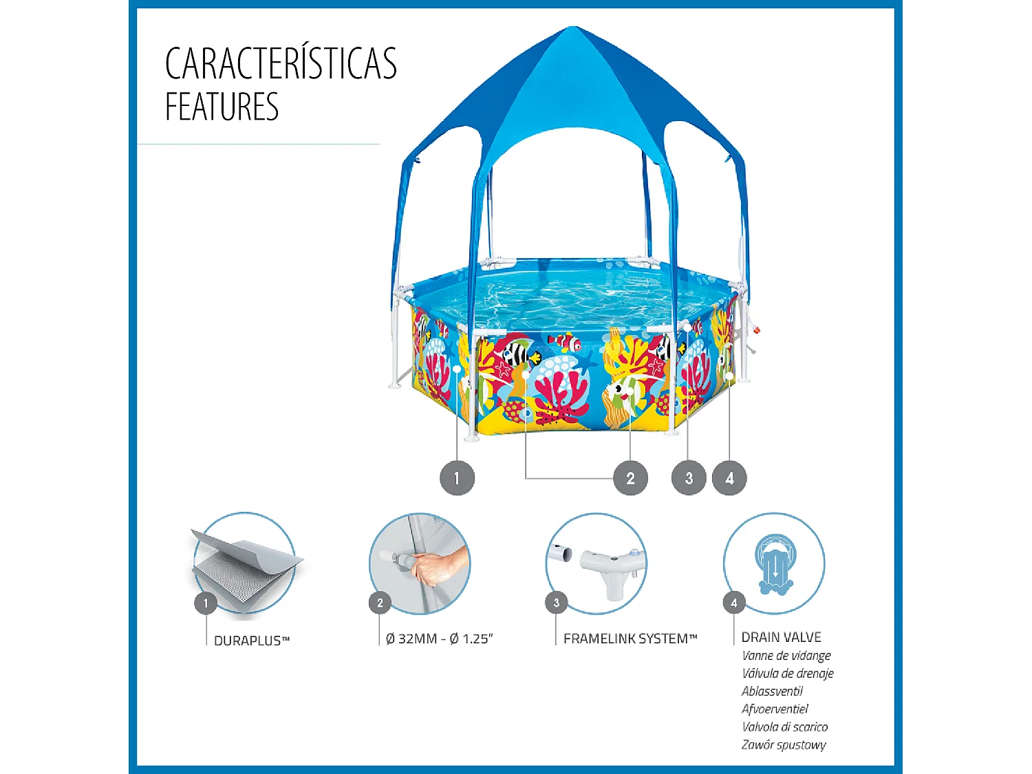 Piscine Démontable pour Enfants Bestway Splash in Shade 183x51 cm Auvent avec Protection Solaire FPU 40+ Bleu Design Fond Marin