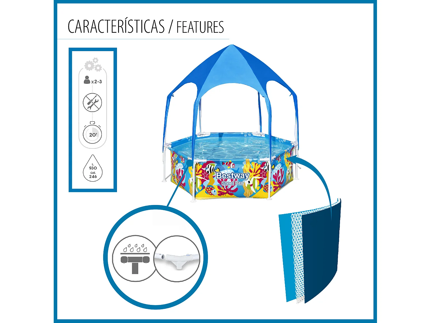 Piscina Desmontable Infantil Bestway Splash in Shade 183x51 cm Toldo con Protección Solar FPU 40+ Color Azul Diseño Fondo Marino