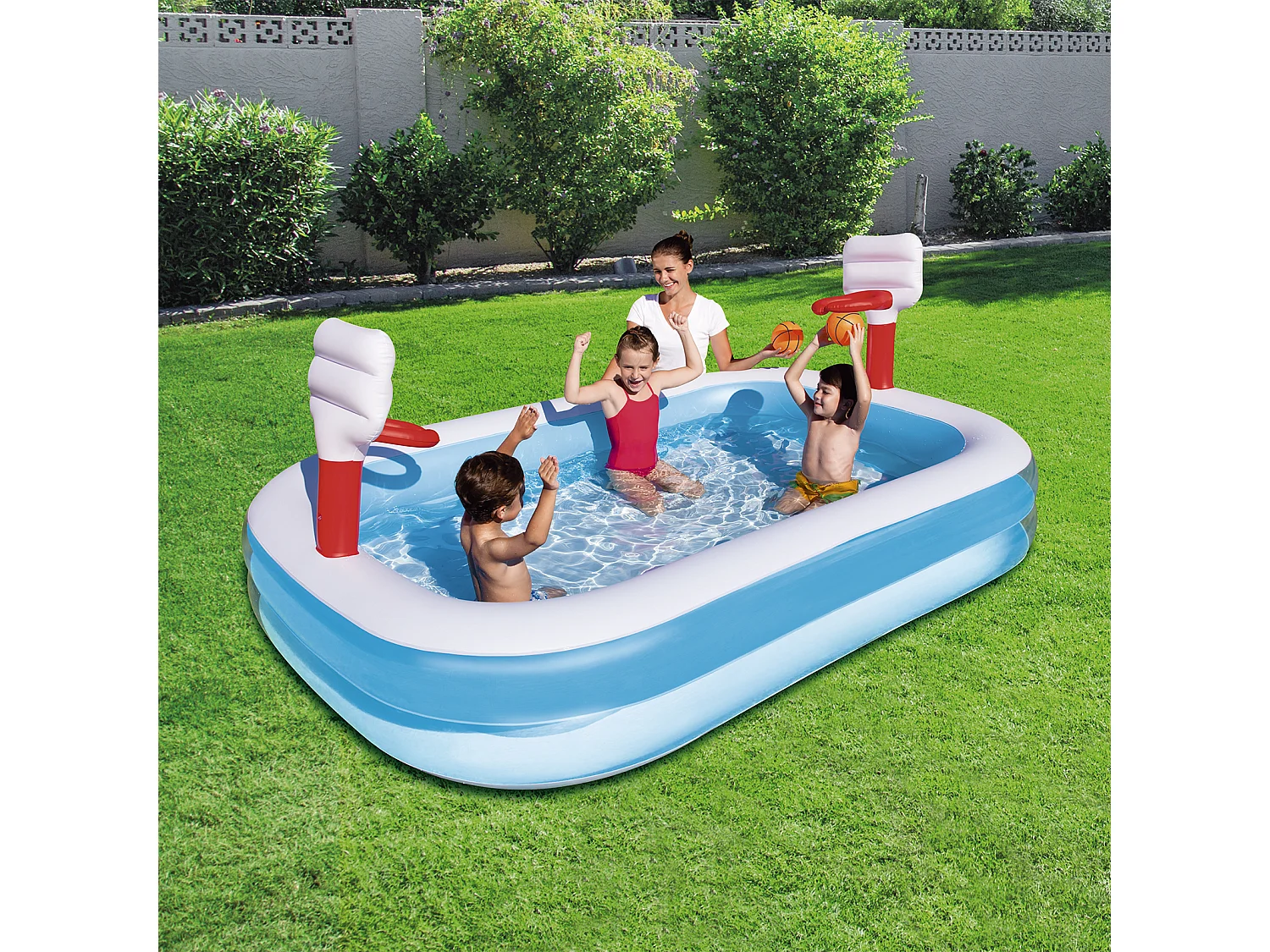 Piscina Hinchable Autoportante Infantil Bestway 254x168x102 cm 2 Pelotas y 2 Canastas Diseño Baloncesto Edad Mayores de 3 Años