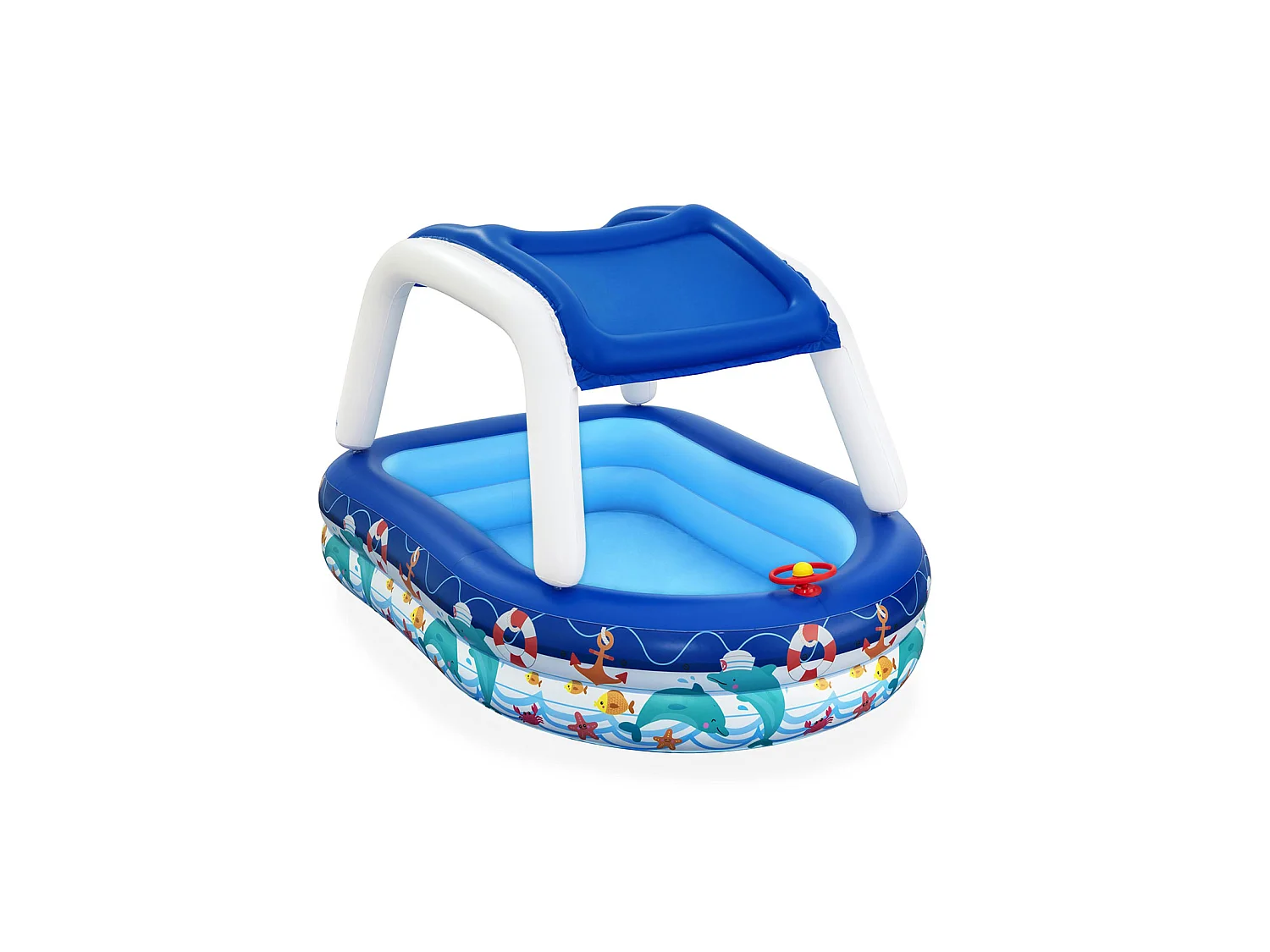 Piscine Gonflable pour Enfants Bestway 213x155x132 cm Bateau Bleu avec Auvent et Gouvernail Sonnette Plus de 3 ans