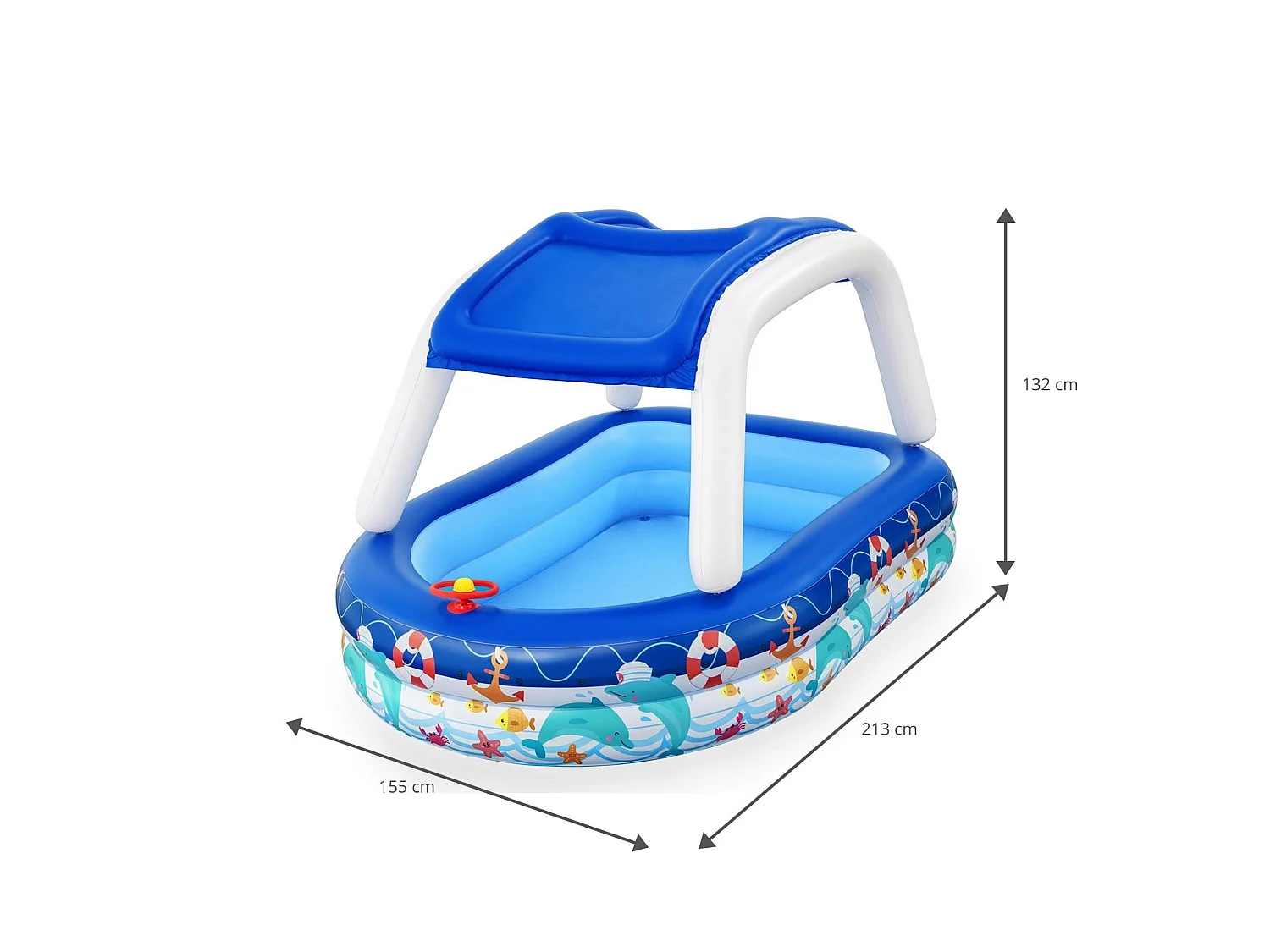 Piscine Gonflable pour Enfants Bestway 213x155x132 cm Bateau Bleu avec Auvent et Gouvernail Sonnette Plus de 3 ans