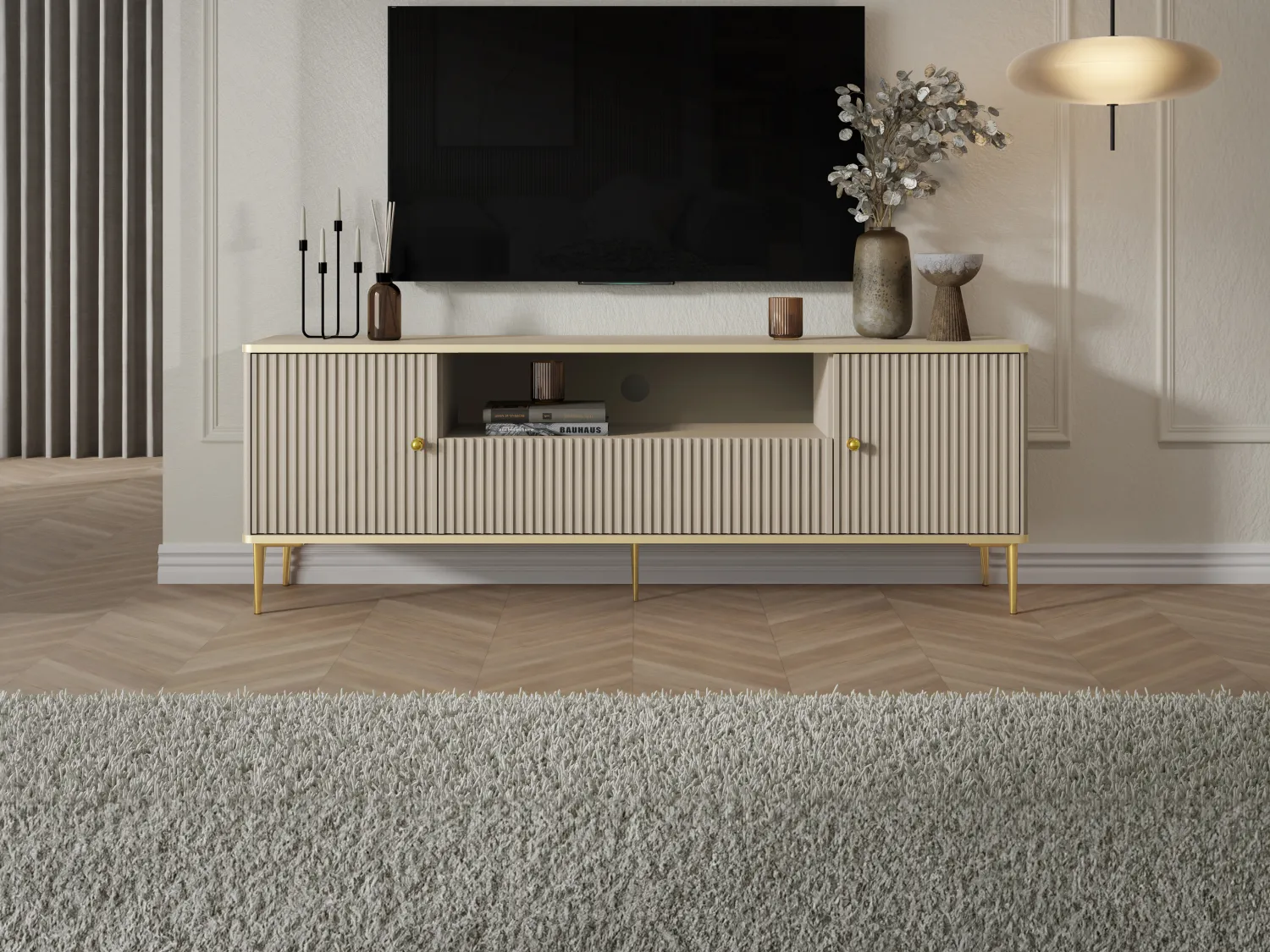 Meuble TV avec 2 portes, 1 tiroir et 1 niche en MDF et acier - Beige et doré - SINEAD de Pascal MORABITO