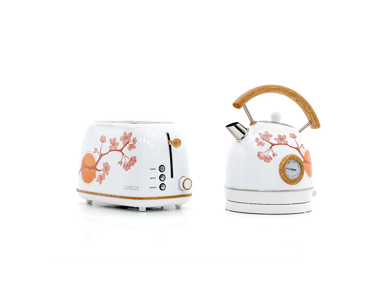 Pack Tostadora de Pan Caprizze Kaito con Doble Ranura Extra Ancha y Hervidora Nara Color Blanco Mate Floral Diseño Retro Vintage