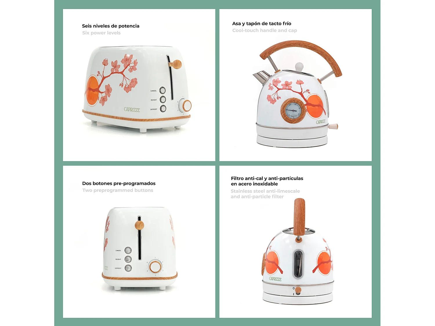 Pack Tostadora de Pan Caprizze Kaito con Doble Ranura Extra Ancha y Hervidora Nara Color Blanco Mate Floral Diseño Retro Vintage