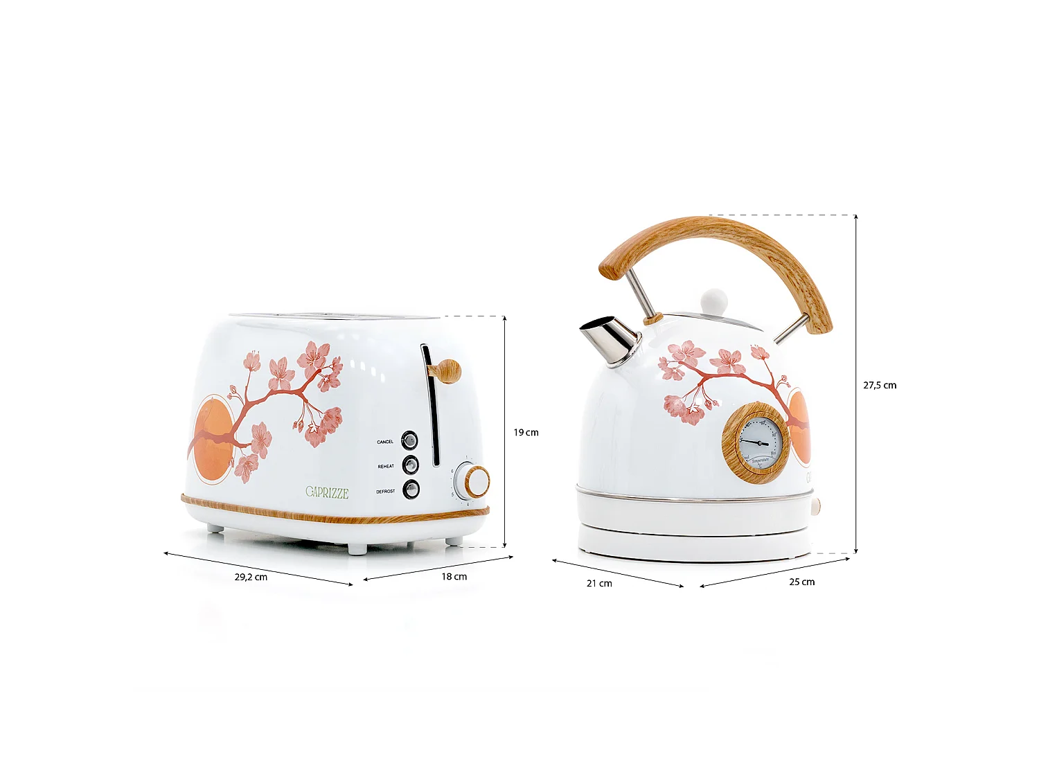 Pack Tostadora de Pan Caprizze Kaito con Doble Ranura Extra Ancha y Hervidora Nara Color Blanco Mate Floral Diseño Retro Vintage