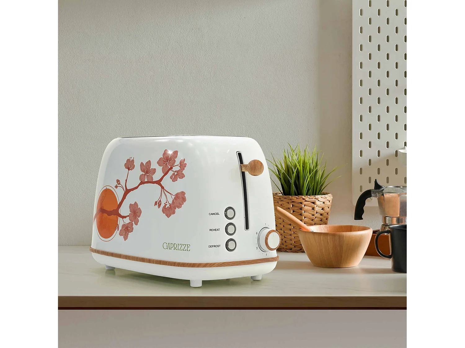 Pack Grille-Pain Caprizze Kaito avec Double Fente Extra Large et Bouilloire Nara Couleur Blanc Mat Floral Design Rétro Vintage