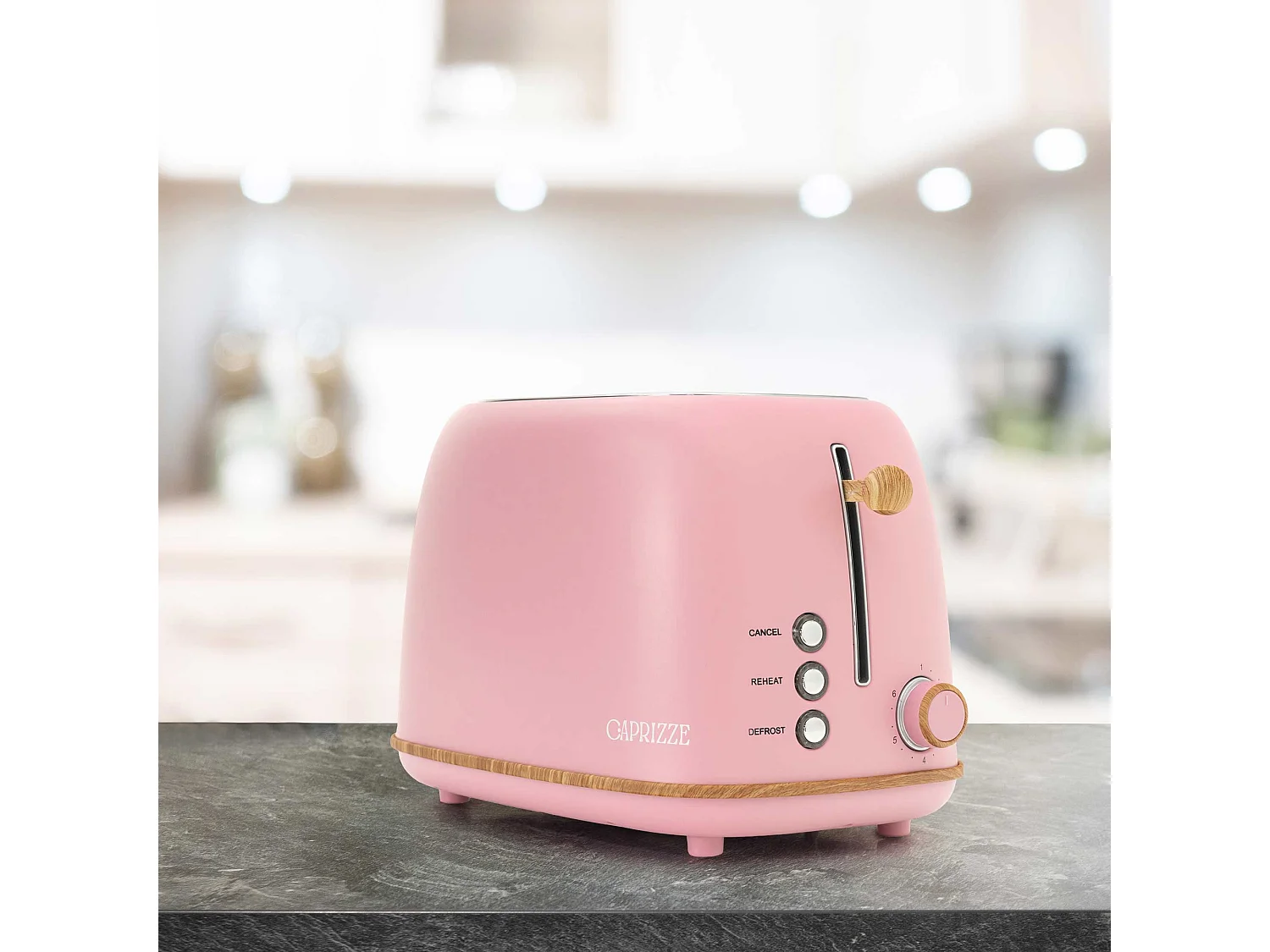 Tostadora de Pan Caprizze Kaito con Doble Ranura Extra Ancha 6 Niveles de Tostado Diseño Vintage con Efecto Madera Rosa Mate