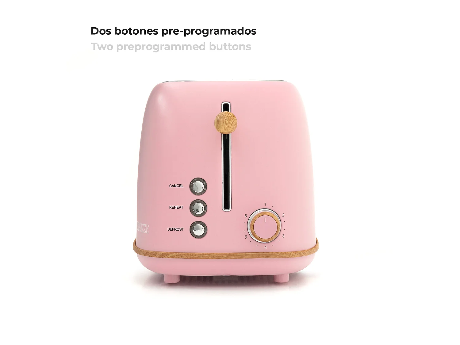 Tostadora de Pan Caprizze Kaito con Doble Ranura Extra Ancha 6 Niveles de Tostado Diseño Vintage con Efecto Madera Rosa Mate