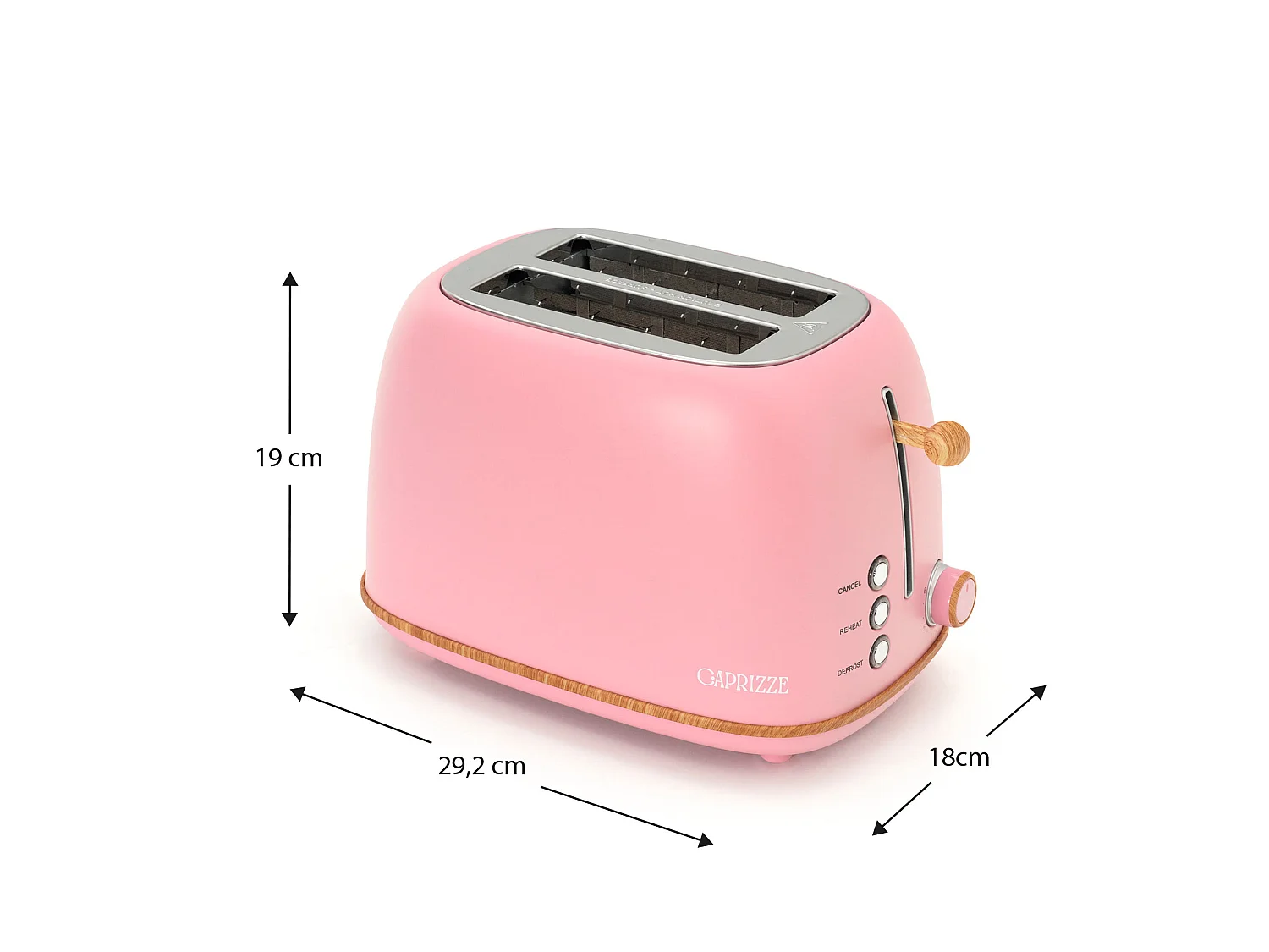 Tostadora de Pan Caprizze Kaito con Doble Ranura Extra Ancha 6 Niveles de Tostado Diseño Vintage con Efecto Madera Rosa Mate