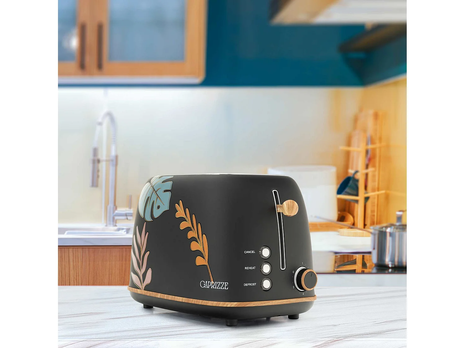 Tostadora de Pan Caprizze Kaito con Doble Ranura Extra Ancha 6 Niveles de Tostado Decoración Floral y Efecto Madera Negra Mate