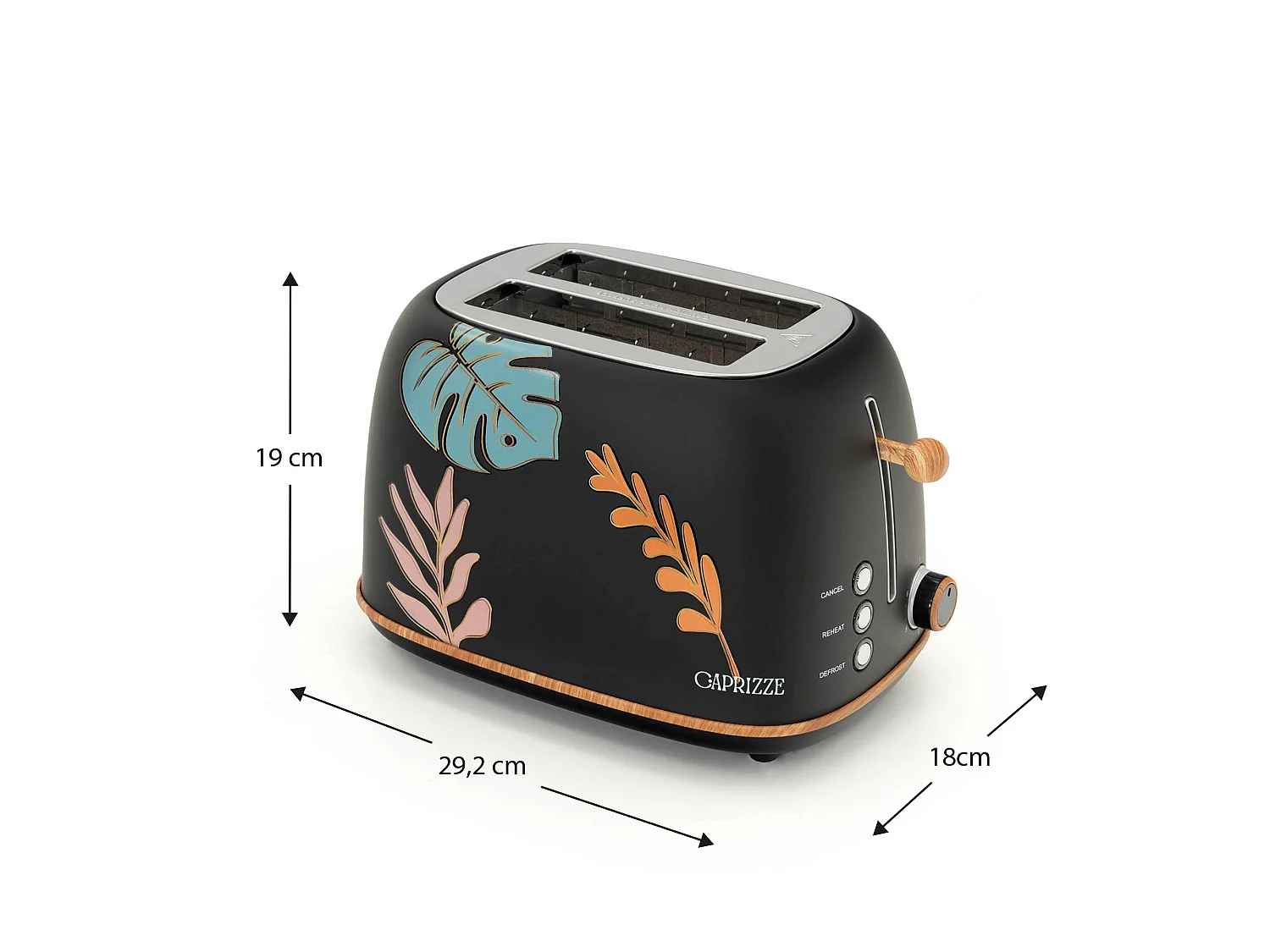 Tostadora de Pan Caprizze Kaito con Doble Ranura Extra Ancha 6 Niveles de Tostado Decoración Floral y Efecto Madera Negra Mate