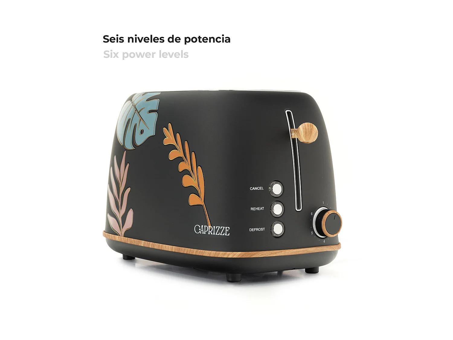 Tostadora de Pan Caprizze Kaito con Doble Ranura Extra Ancha 6 Niveles de Tostado Decoración Floral y Efecto Madera Negra Mate