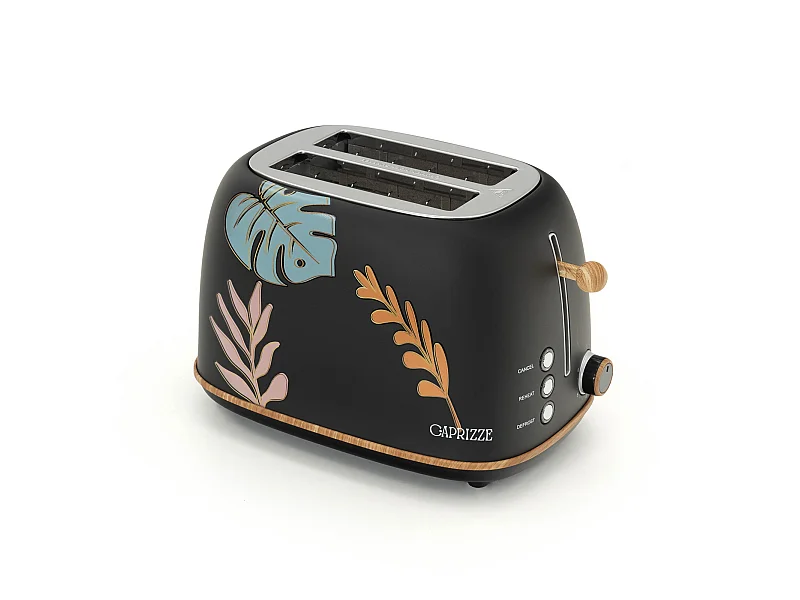 Tostadora de Pan Caprizze Kaito con Doble Ranura Extra Ancha 6 Niveles de Tostado Decoración Floral y Efecto Madera Negra Mate