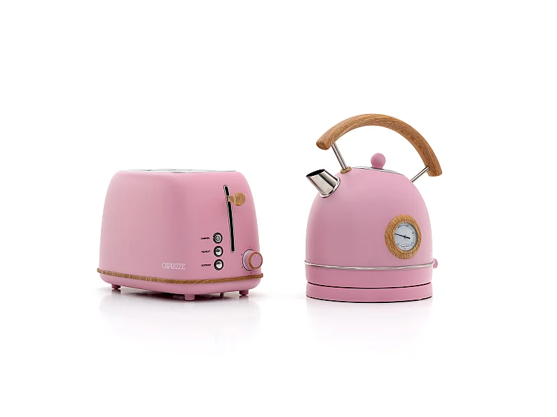 Pack Grille-Pain Caprizze Kaito avec Double Fente Extra Large et Bouilloire Nara Couleur Rose Mat avec Design Rétro Vintage