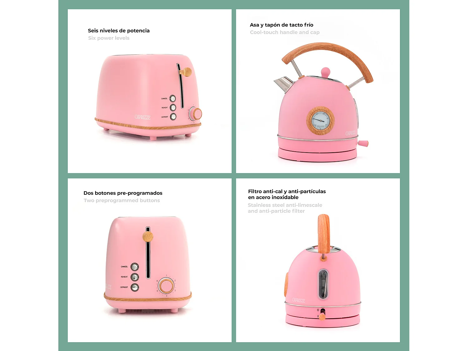 Pack Tostadora de Pan Caprizze Kaito con Doble Ranura Extra Ancha y Hervidora Nara Color Rosa Mate con Diseño Retro Vintage