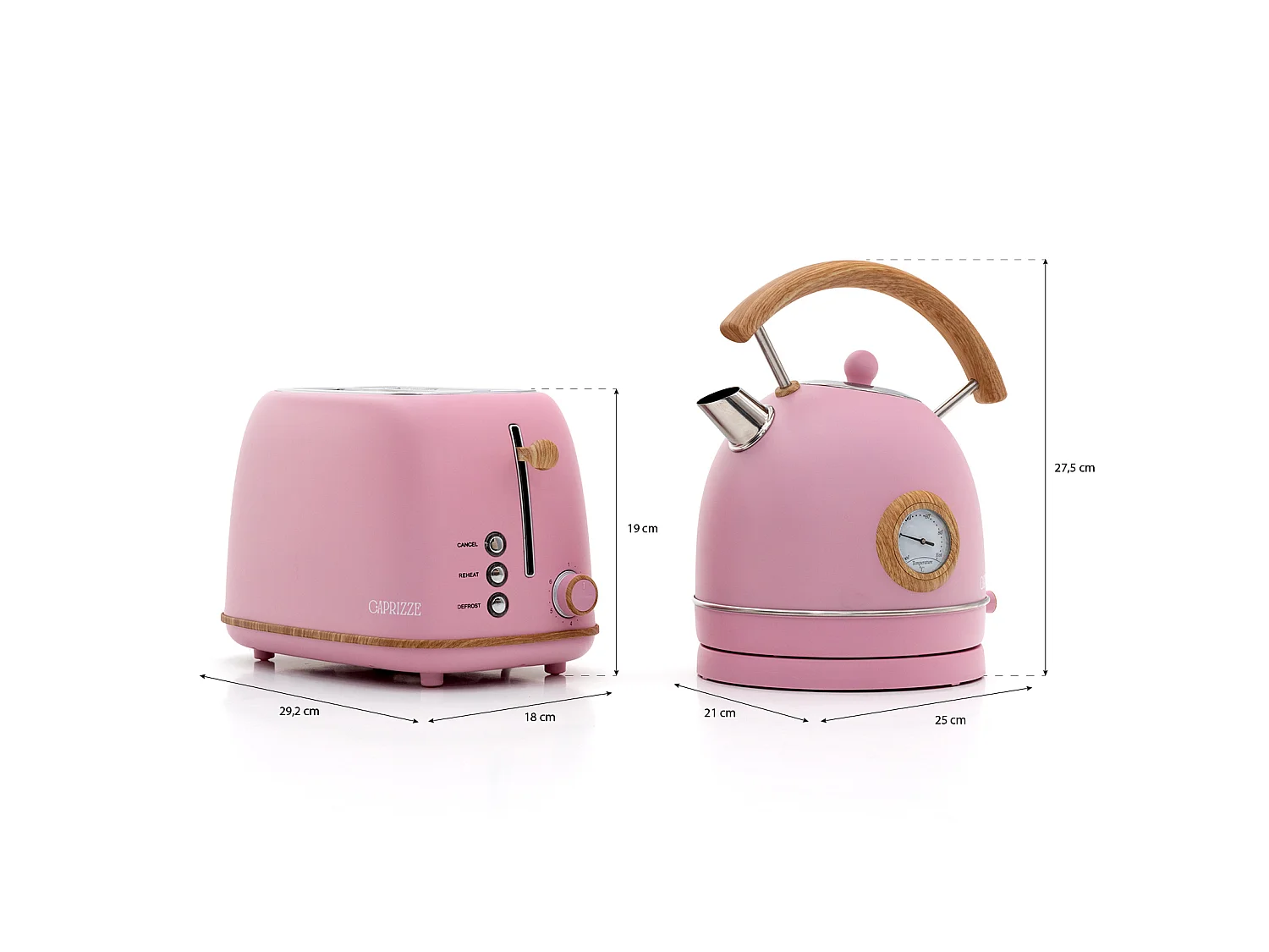 Pack Tostadora de Pan Caprizze Kaito con Doble Ranura Extra Ancha y Hervidora Nara Color Rosa Mate con Diseño Retro Vintage