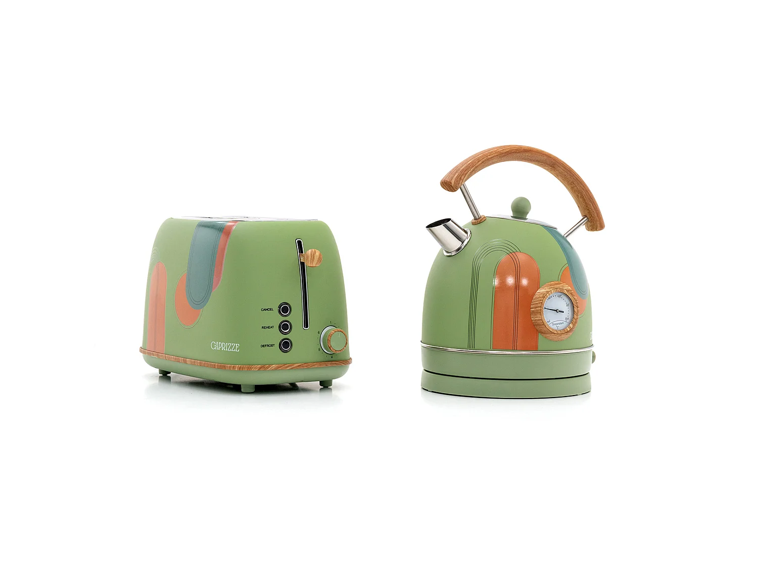 Pack Tostadora de Pan Caprizze Kaito con Doble Ranura Extra Ancha y Hervidora Nara Color Verde Mate Floral Diseño Retro Vintage