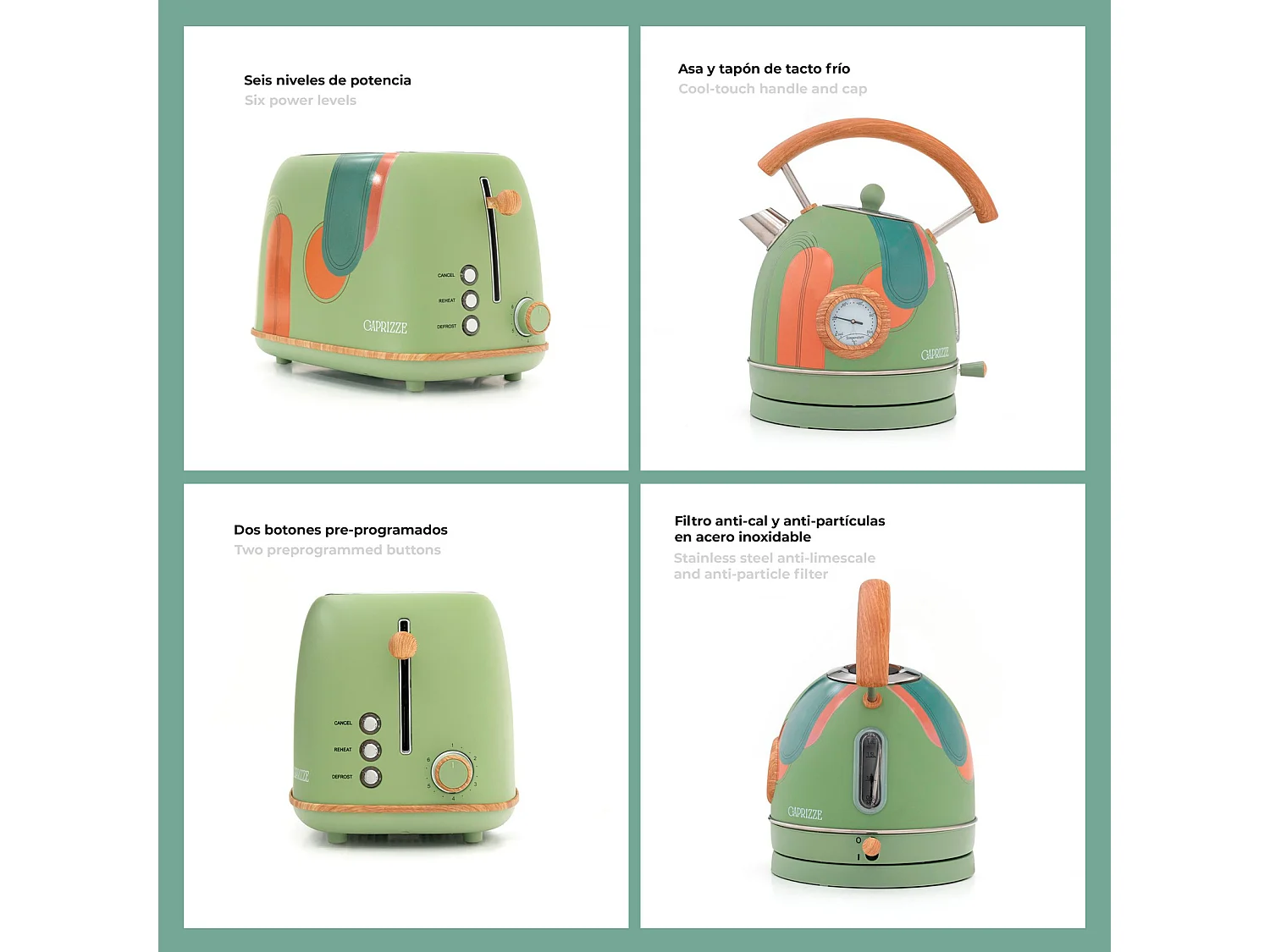 Pack Tostadora de Pan Caprizze Kaito con Doble Ranura Extra Ancha y Hervidora Nara Color Verde Mate Floral Diseño Retro Vintage