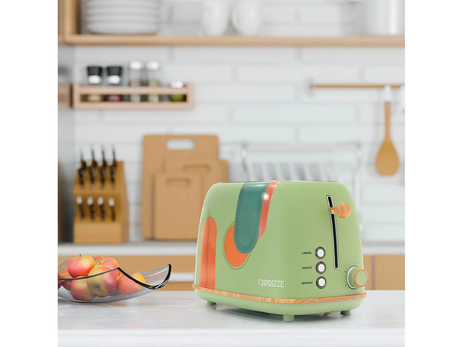 Pack Tostadora de Pan Caprizze Kaito con Doble Ranura Extra Ancha y Hervidora Nara Color Verde Mate Floral Diseño Retro Vintage