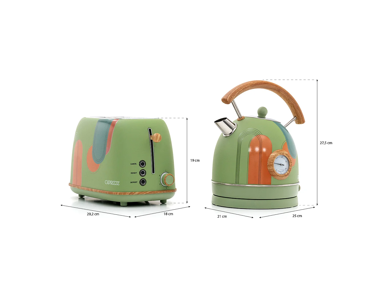 Pack Tostadora de Pan Caprizze Kaito con Doble Ranura Extra Ancha y Hervidora Nara Color Verde Mate Floral Diseño Retro Vintage